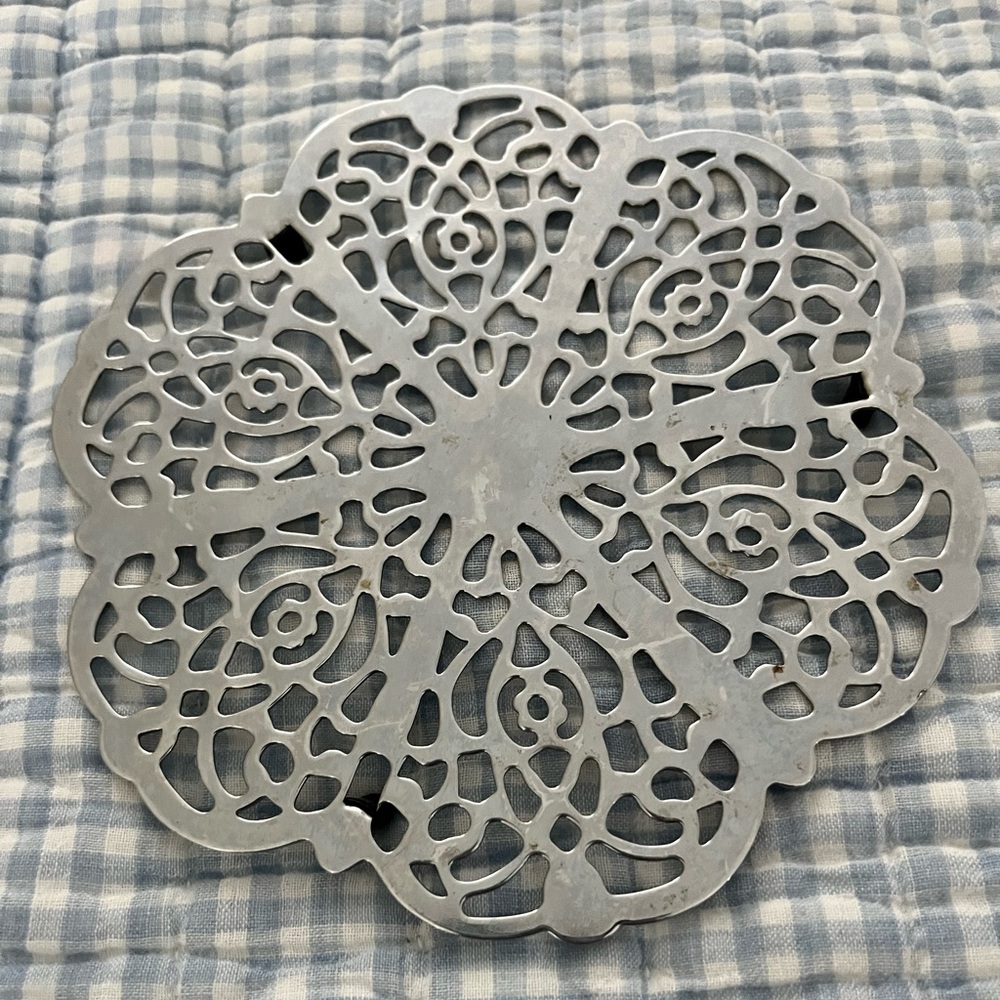 Two Mid-Century Scrollwork Hot Plate Trivets Ornate Silver Retro Filigree Floral